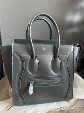 Celine Nano Luggage Gray Tote with Teal Trim